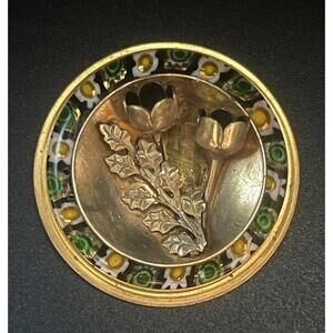 Vintage French Glass Millefiori Daisy Brass Tulip Pin Brooch